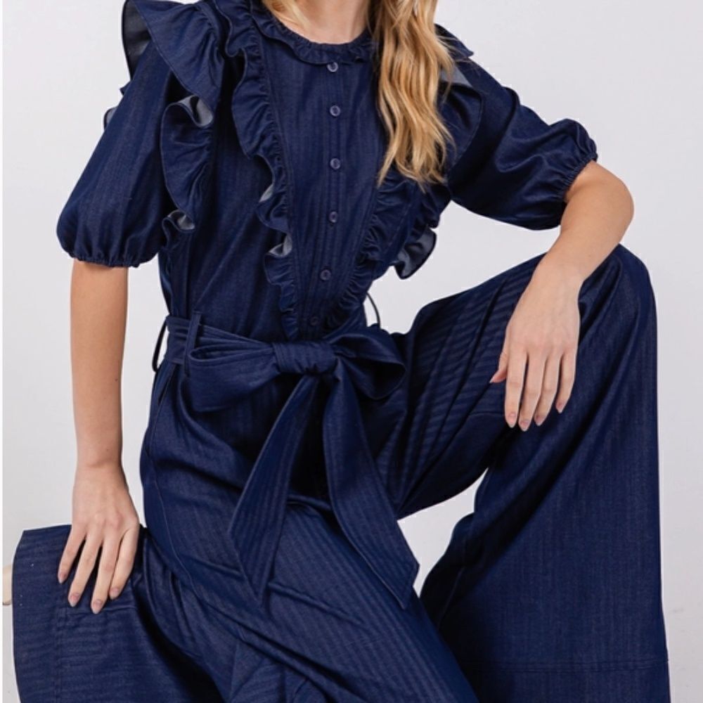 Wide Leg Denim Look Button Front Jumpsuit Lightweight Belted Romper Dark Blue